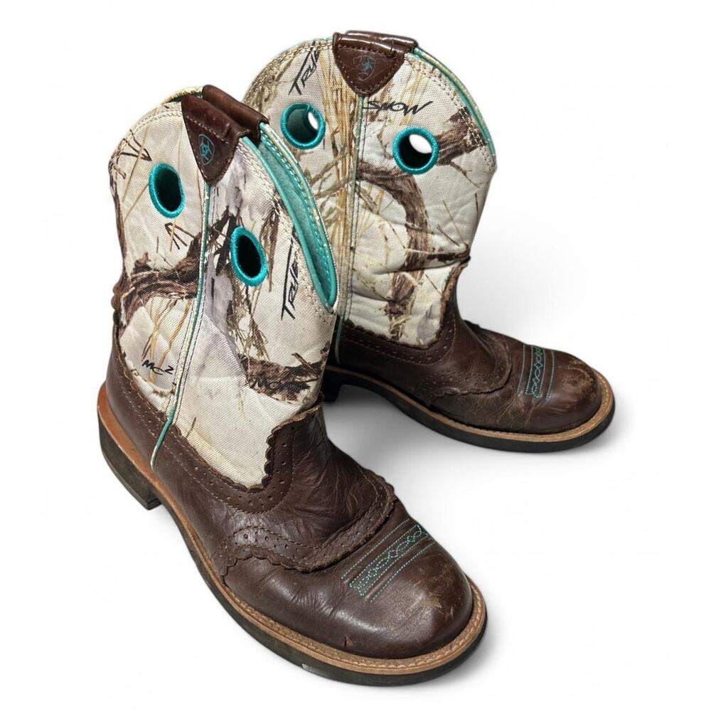 Ariat Fatbaby Camouflage Leather Blue Accent Cowgirl Western Ankle Boots 9B